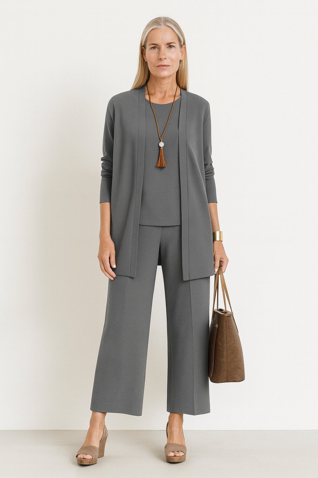 Damen Dreiteiliges Cardigan Tank Top Weite Hosen Set - Gray