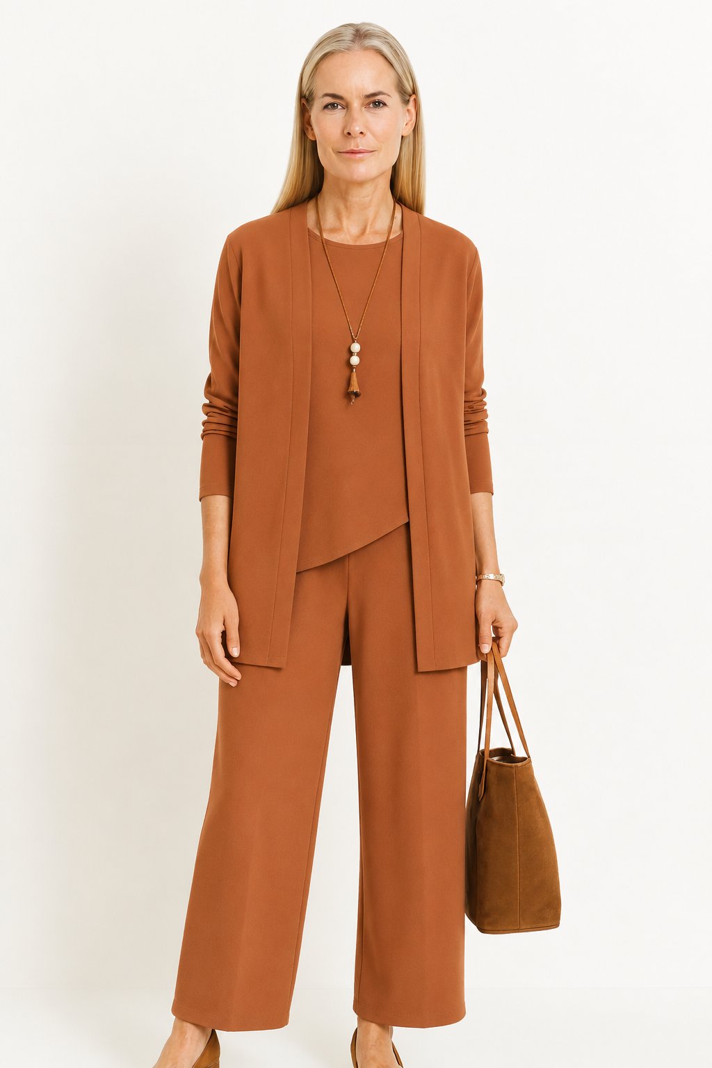 Damen Dreiteiliges Cardigan Tank Top Weite Hosen Set - Light Brown