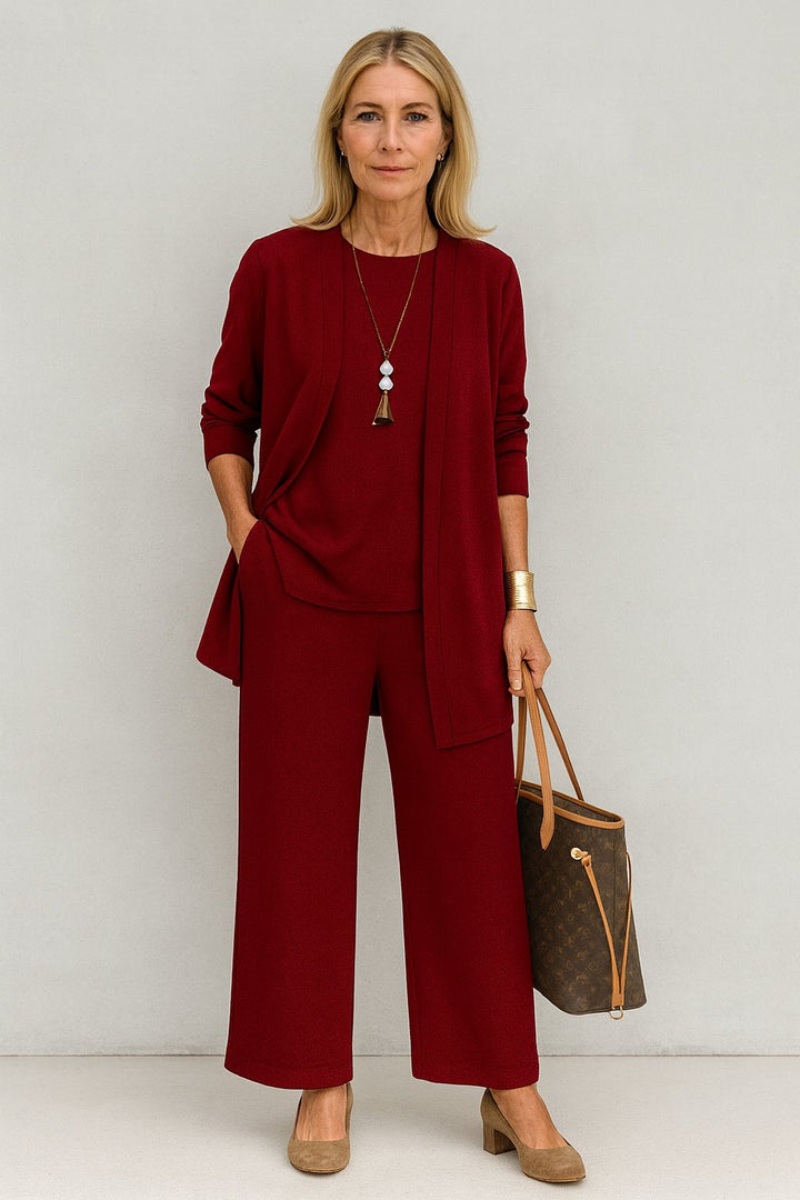 Damen Dreiteiliges Cardigan Tank Top Weite Hosen Set - Red