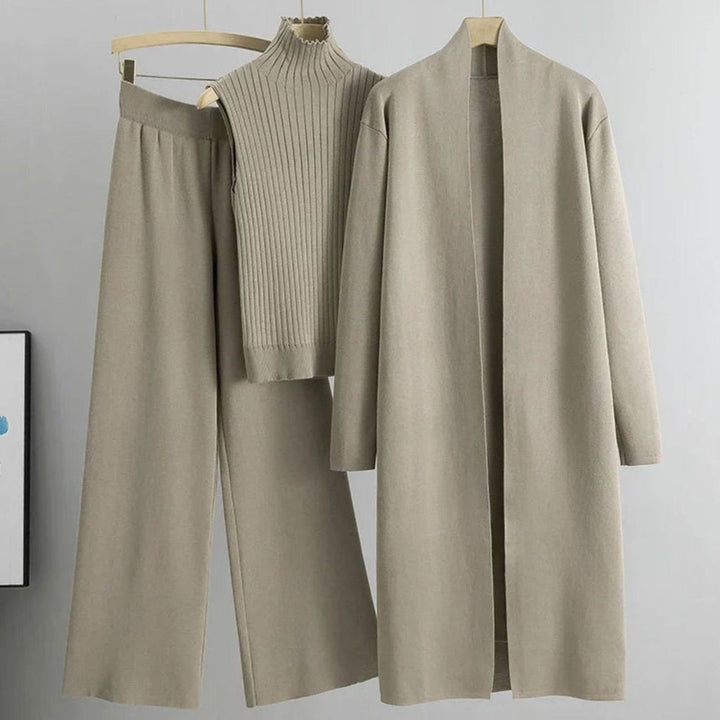 Damen Dreiteiliges Strick-Hosen-Set Lockerer Passform Longcardigan - Hellbeige