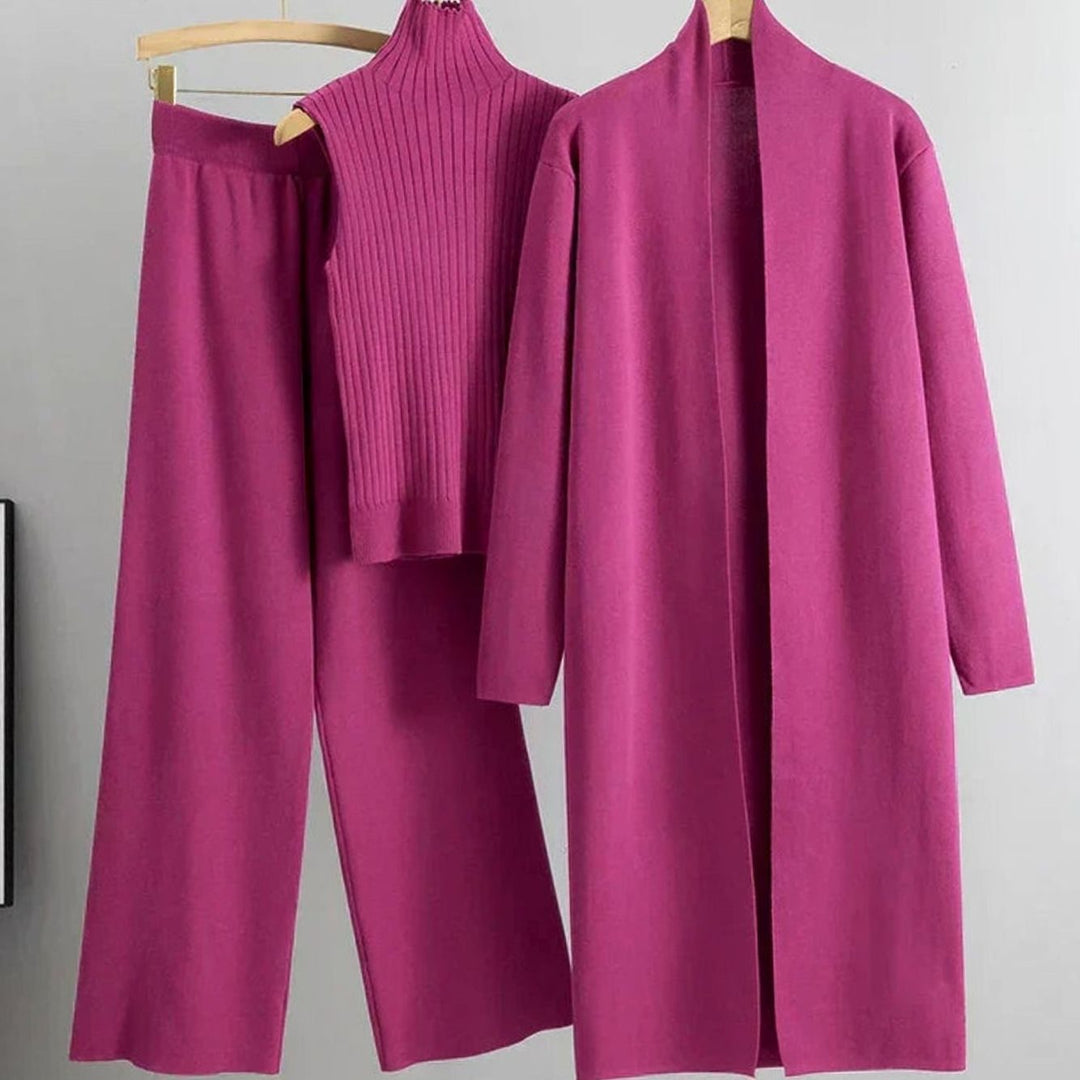 Damen Dreiteiliges Strick-Hosen-Set Lockerer Passform Longcardigan - Rosa