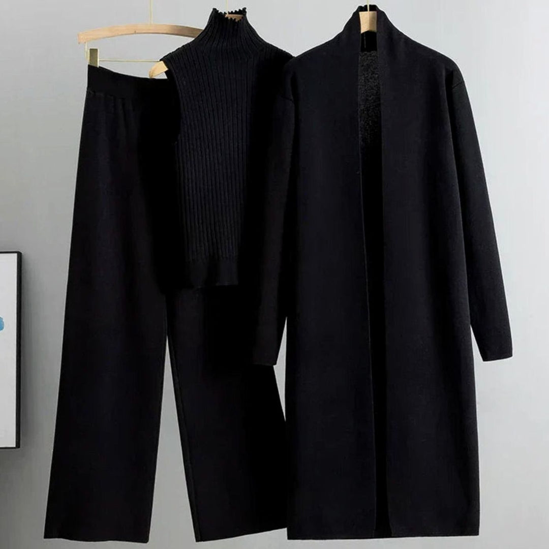 Damen Dreiteiliges Strick-Hosen-Set Lockerer Passform Longcardigan - Schwarz
