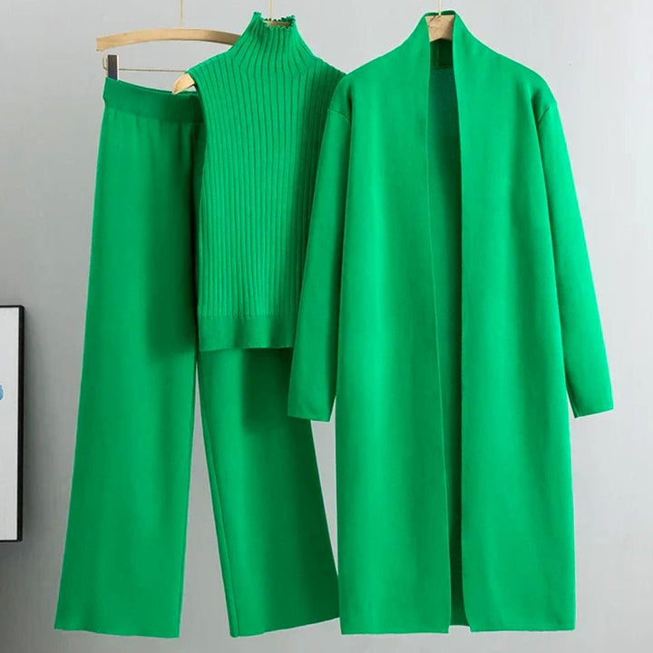 Damen Dreiteiliges Strick-Hosen-Set Lockerer Passform Longcardigan - Grün