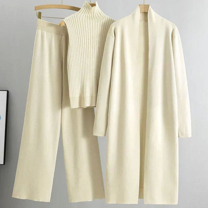 Damen Dreiteiliges Strick-Hosen-Set Lockerer Passform Longcardigan - Beige