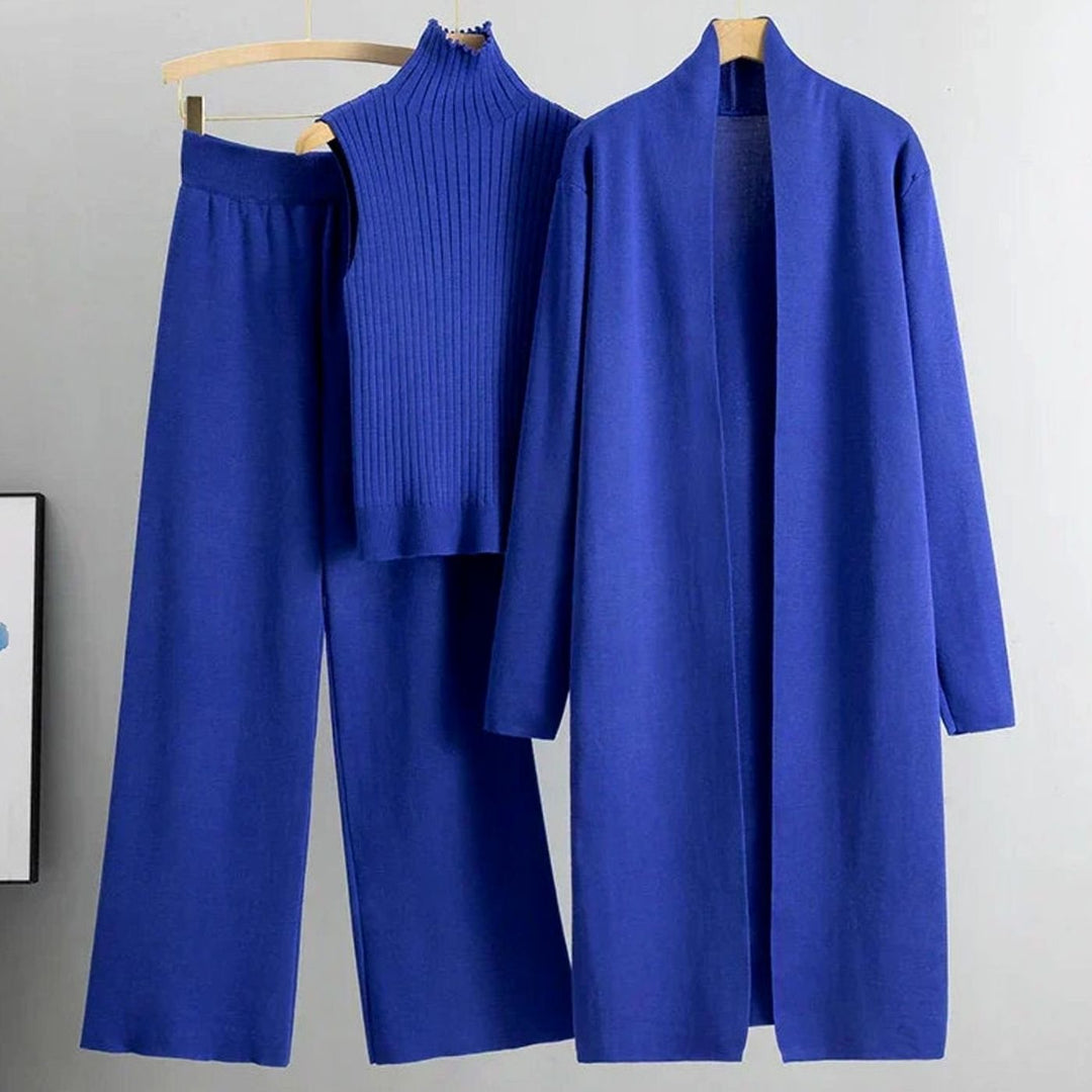 Damen Dreiteiliges Strick-Hosen-Set Lockerer Passform Longcardigan - Blau