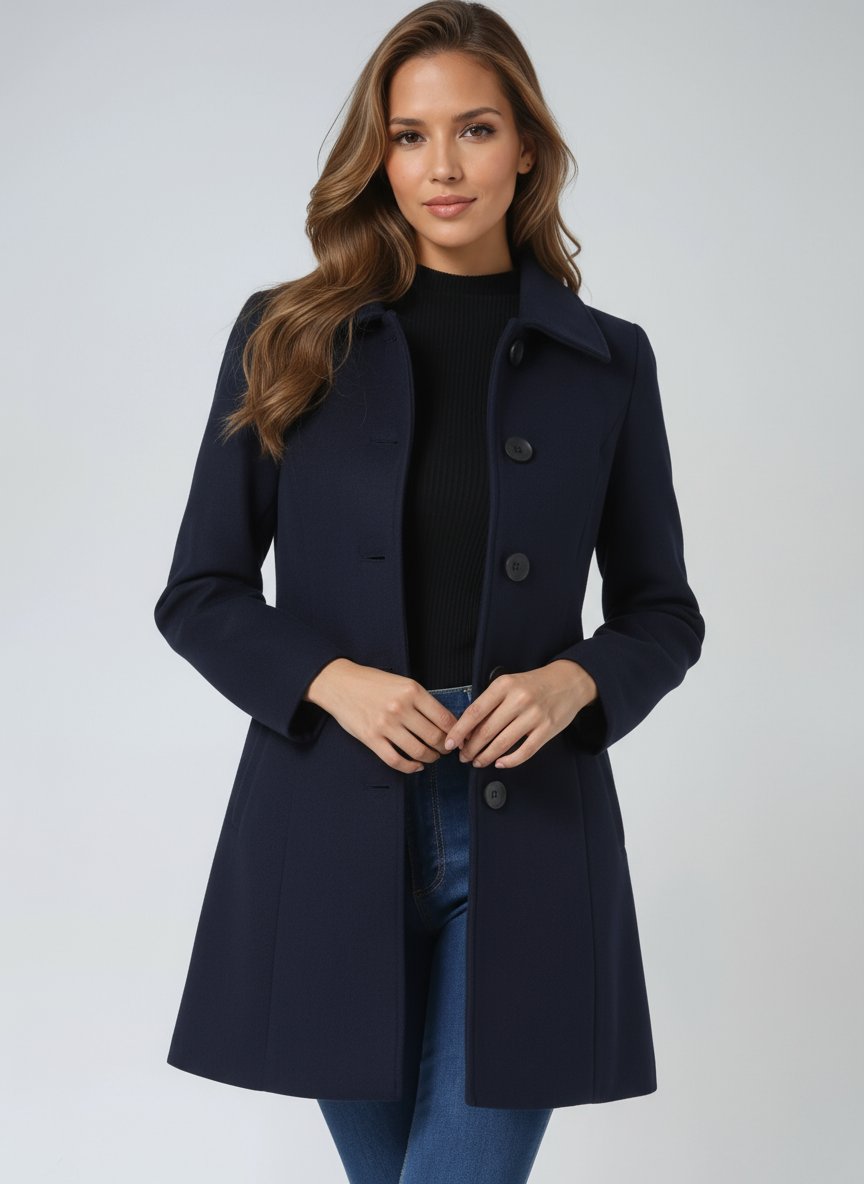 Damen Einreihiger Taillierter Wintermantel mit Reverskragen - Dark Blue