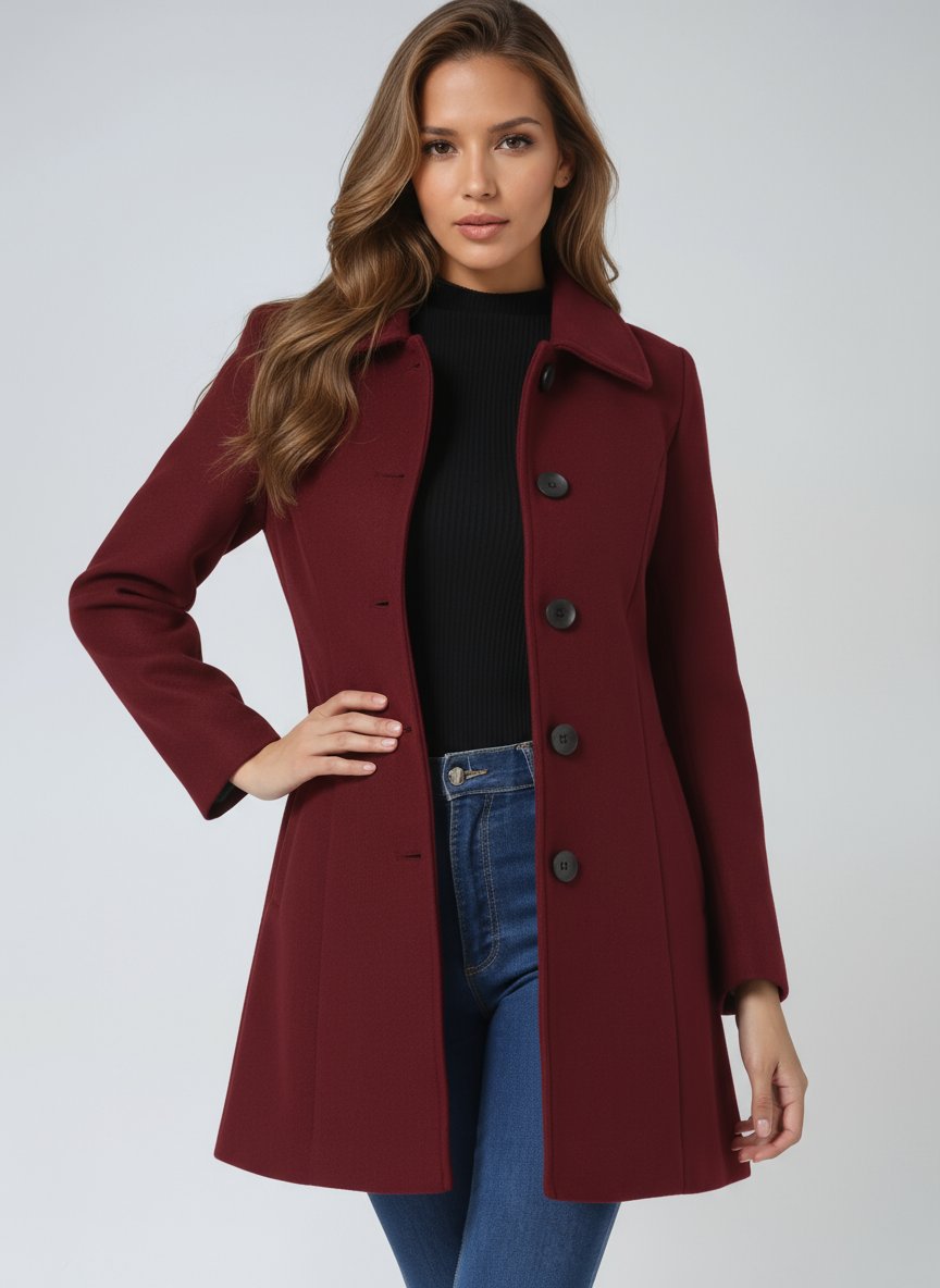 Damen Einreihiger Taillierter Wintermantel mit Reverskragen - Dark Red