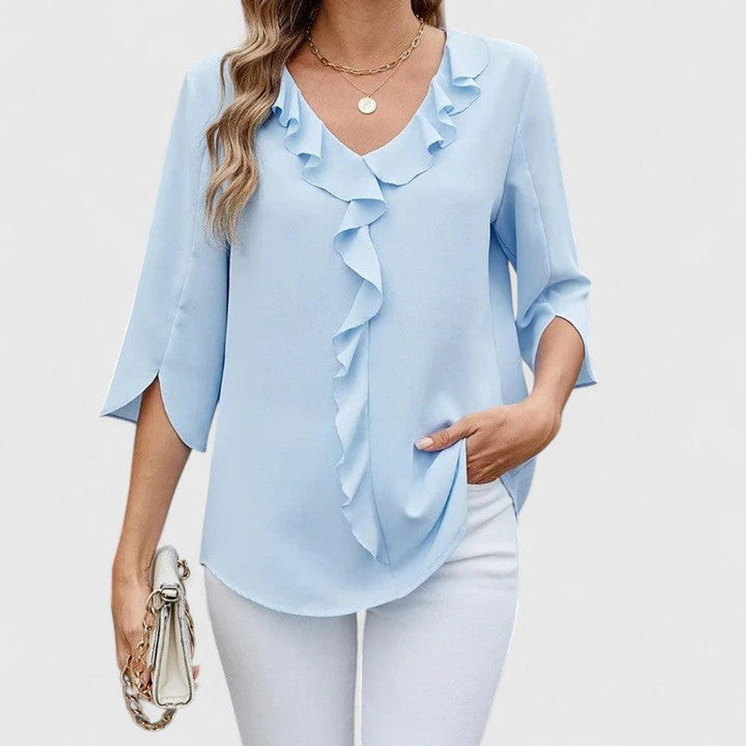 Damen elegante Rüschen-Bluse mit V-Ausschnitt 3/4-Arm