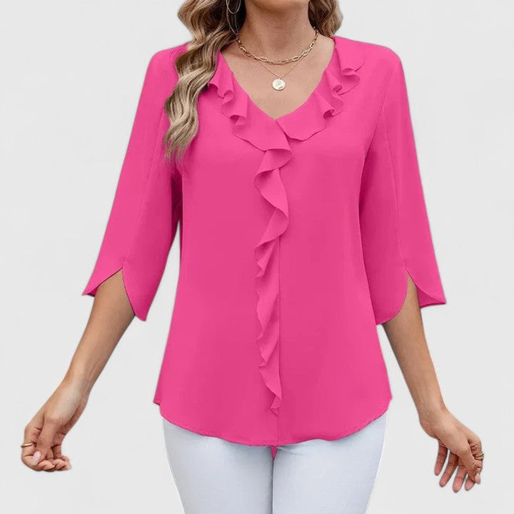 Damen elegante Rüschen-Bluse mit V-Ausschnitt 3/4-Arm - Rosa