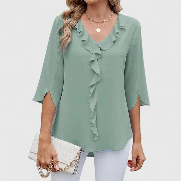 Damen elegante Rüschen-Bluse mit V-Ausschnitt 3/4-Arm - Grün