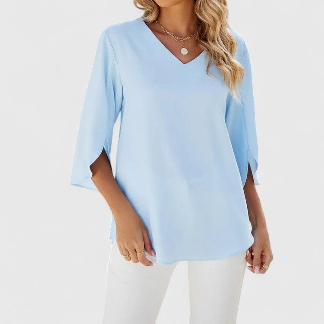 Damen elegante Rüschen-Bluse mit V-Ausschnitt 3/4-Arm - Klassisch Blau
