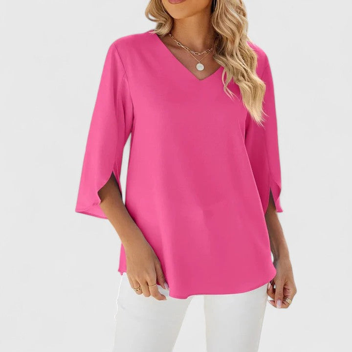 Damen elegante Rüschen-Bluse mit V-Ausschnitt 3/4-Arm - Klassisch Rosa