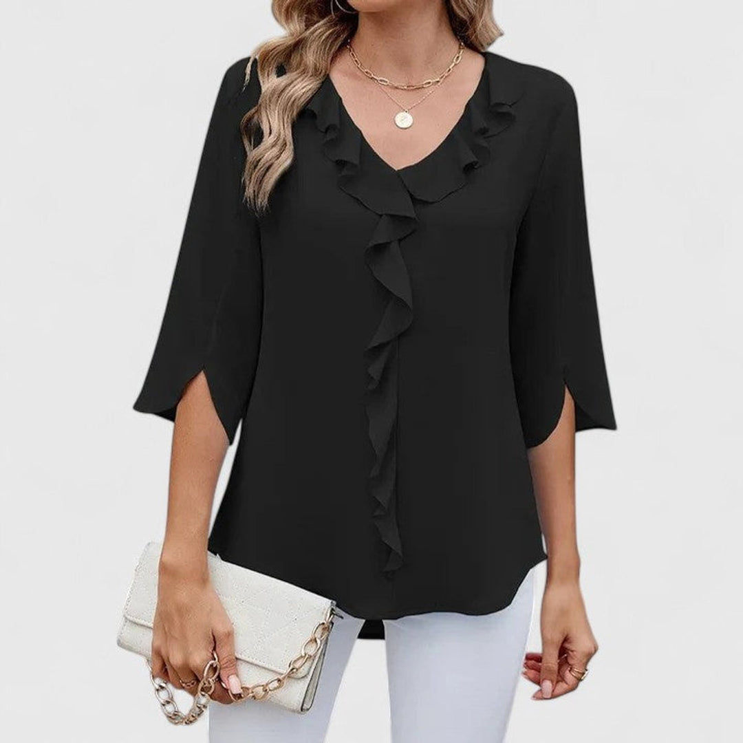 Damen elegante Rüschen-Bluse mit V-Ausschnitt 3/4-Arm - Schwarz