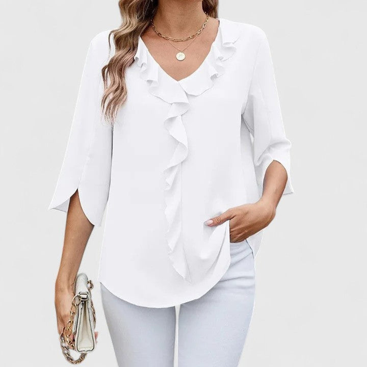 Damen elegante Rüschen-Bluse mit V-Ausschnitt 3/4-Arm - Weiß