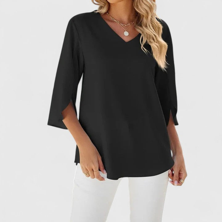 Damen elegante Rüschen-Bluse mit V-Ausschnitt 3/4-Arm - Klassisch Schwarz
