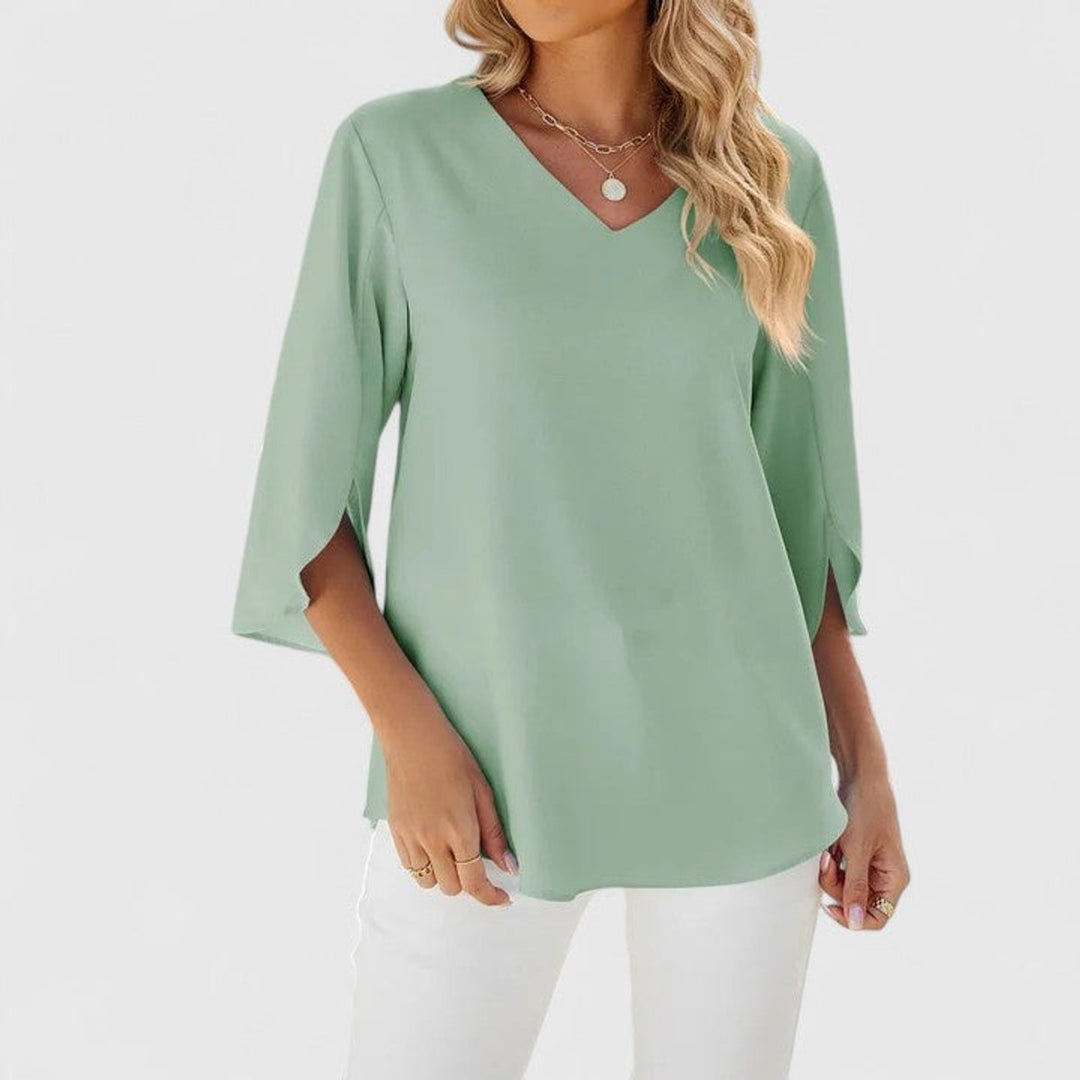 Damen elegante Rüschen-Bluse mit V-Ausschnitt 3/4-Arm - Klassisch Grün