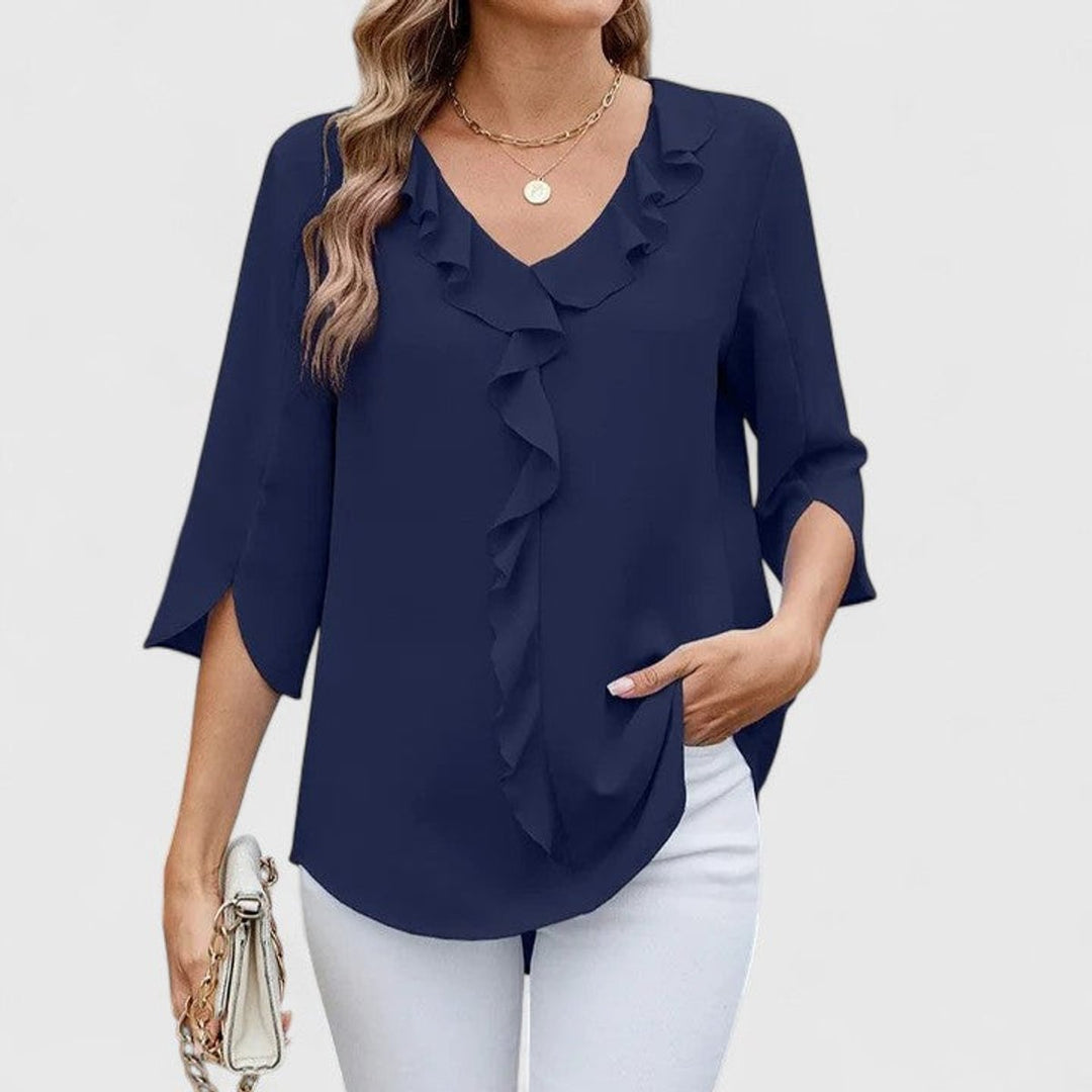 Damen elegante Rüschen-Bluse mit V-Ausschnitt 3/4-Arm - Blau