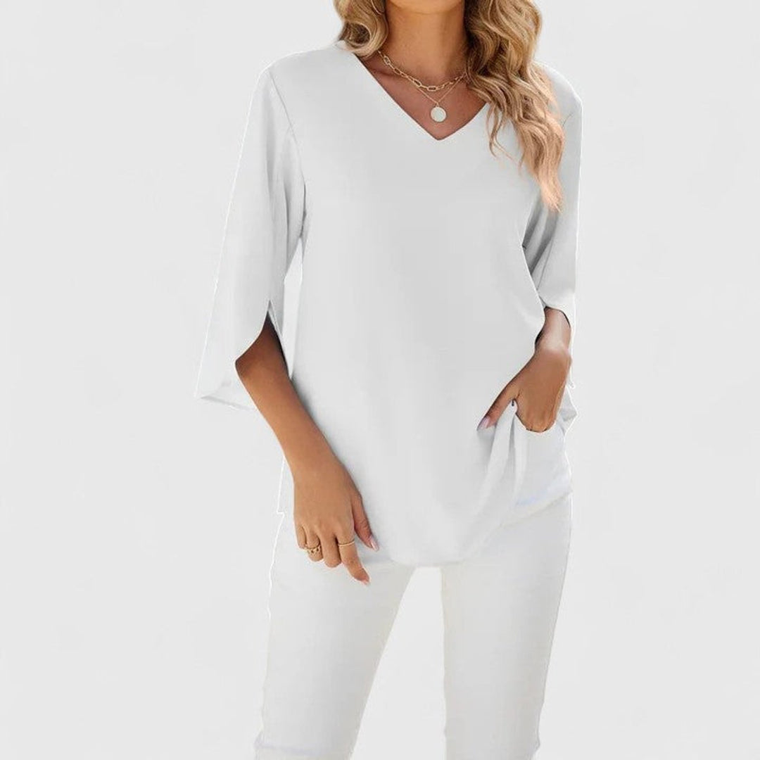 Damen elegante Rüschen-Bluse mit V-Ausschnitt 3/4-Arm - Klassisch Weiß