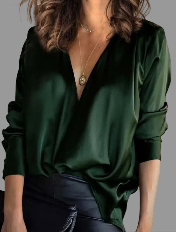Damen Elegante Satin-Bluse Tiefer V-Ausschnitt Langarm - Grün
