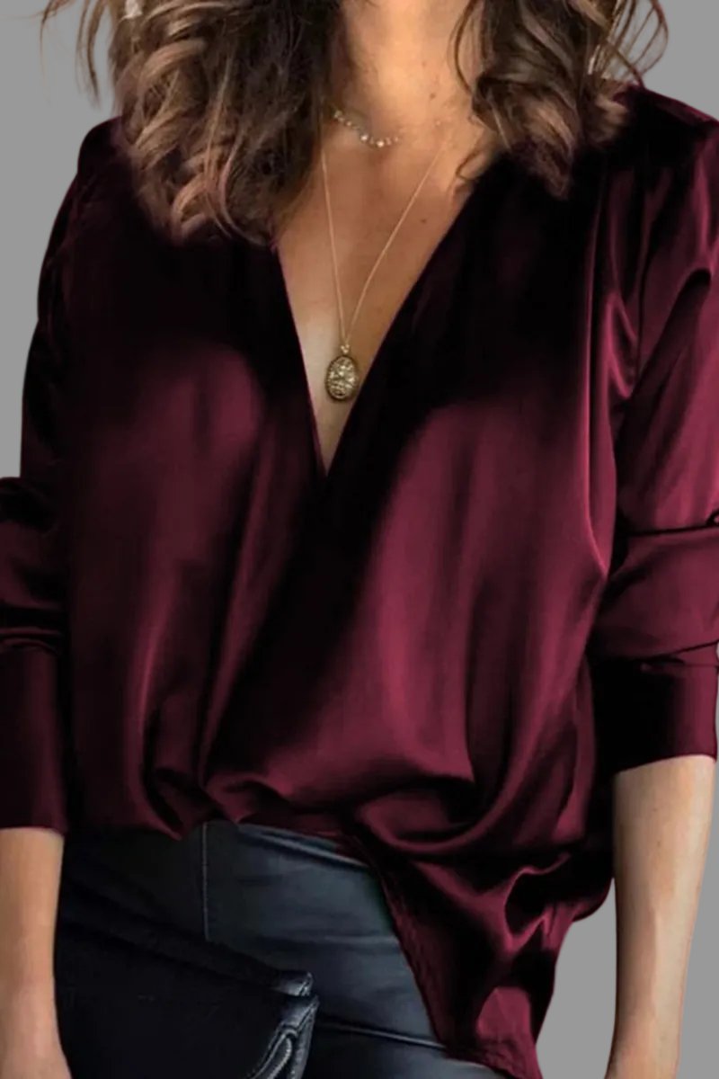 Damen Elegante Satin-Bluse Tiefer V-Ausschnitt Langarm - Burgunderrot