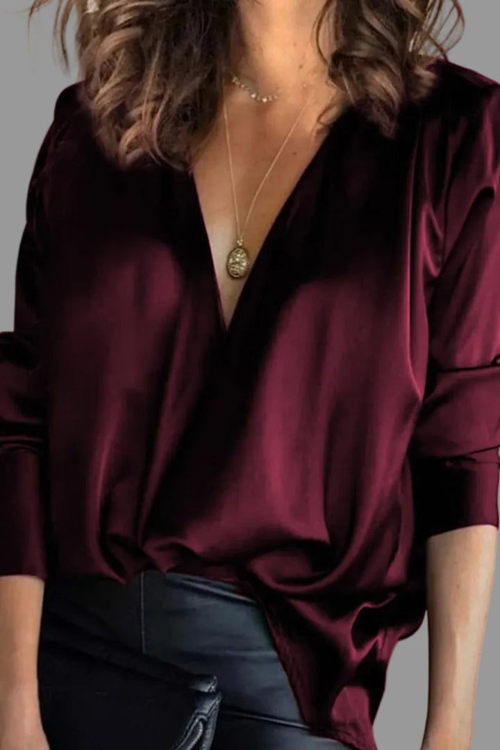 Damen Elegante Satin-Bluse Tiefer V-Ausschnitt Langarm - Burgunderrot