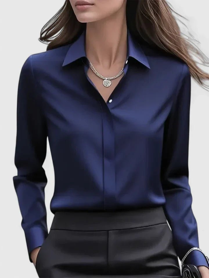 Damen Elegante Satin Business-Bluse mit verdeckter Knopfleiste - Navy Blue