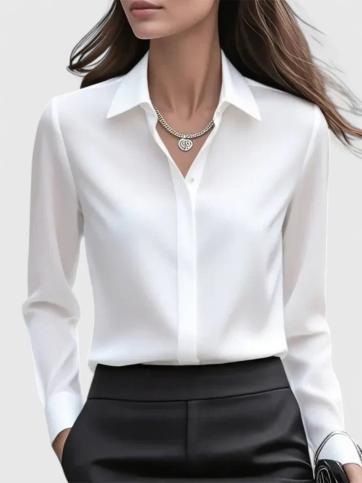 Damen Elegante Satin Business-Bluse mit verdeckter Knopfleiste - White