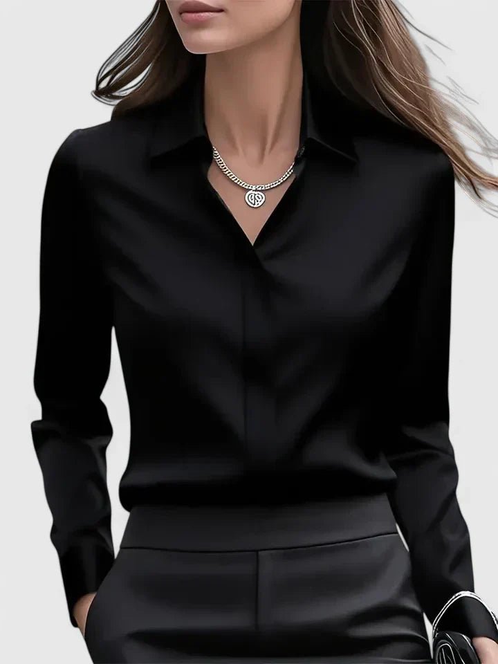 Damen Elegante Satin Business-Bluse mit verdeckter Knopfleiste - Black