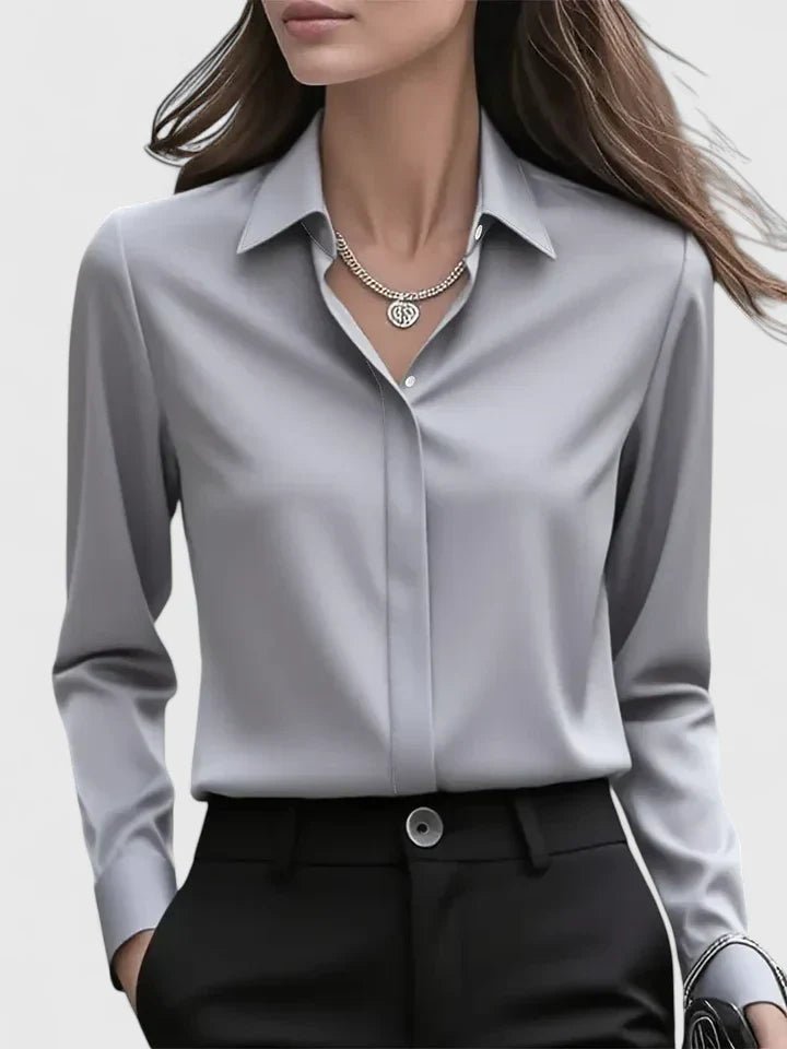 Damen Elegante Satin Business-Bluse mit verdeckter Knopfleiste - Gray