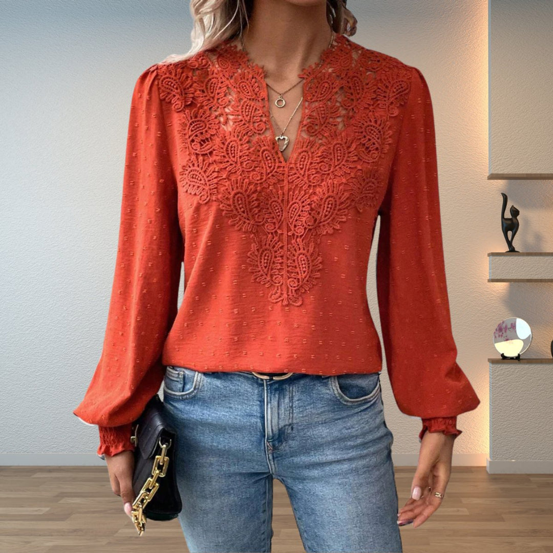 Damen Elegante Spitzen-Bluse mit V-Ausschnitt und Gepunkteter Chiffon - Terrakotta