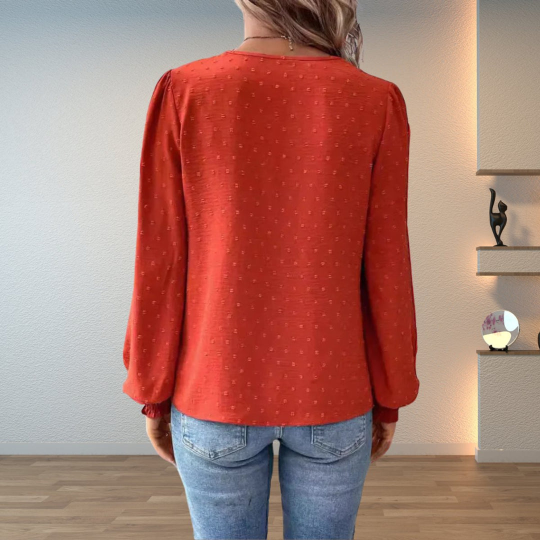 Damen Elegante Spitzen-Bluse mit V-Ausschnitt und Gepunkteter Chiffon