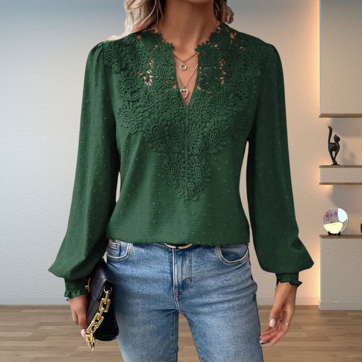Damen Elegante Spitzen-Bluse mit V-Ausschnitt und Gepunkteter Chiffon - Dunkelgrün