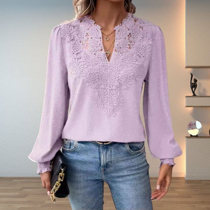 Damen Elegante Spitzen-Bluse mit V-Ausschnitt und Gepunkteter Chiffon - Hellviolett