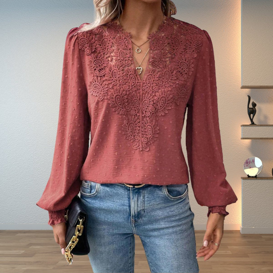 Damen Elegante Spitzen-Bluse mit V-Ausschnitt und Gepunkteter Chiffon - Altrosa
