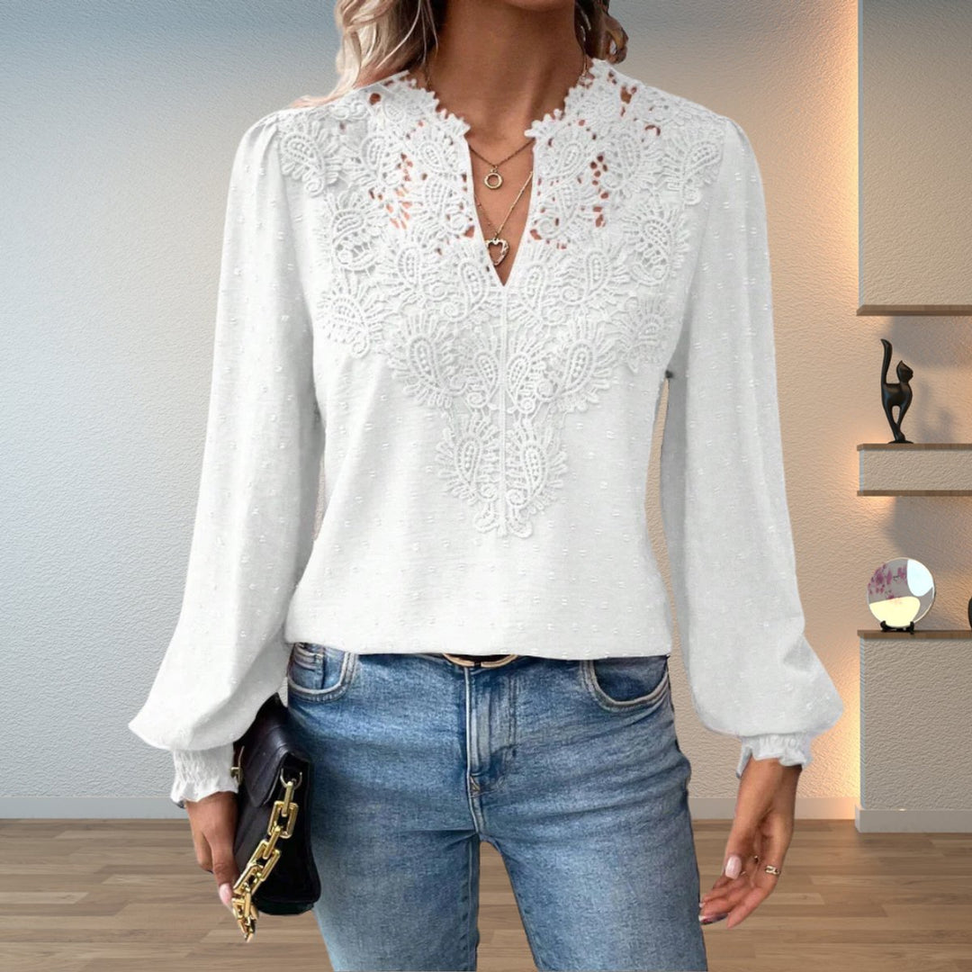 Damen Elegante Spitzen-Bluse mit V-Ausschnitt und Gepunkteter Chiffon - Weiß
