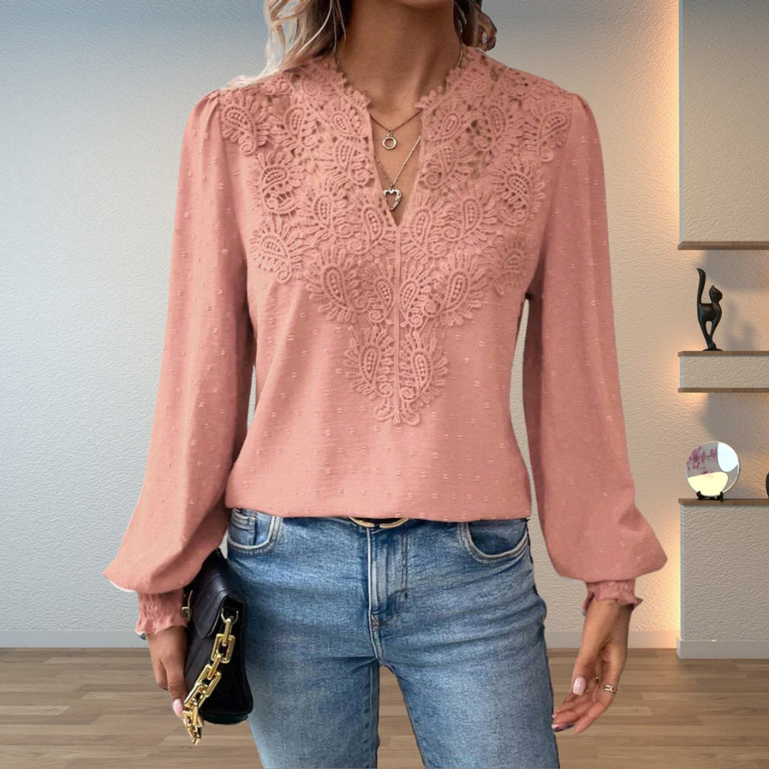 Damen Elegante Spitzen-Bluse mit V-Ausschnitt und Gepunkteter Chiffon - Rosa