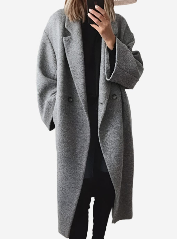 Damen Eleganter Loose-Fit Wollmantel mit Knopfleiste - Grau