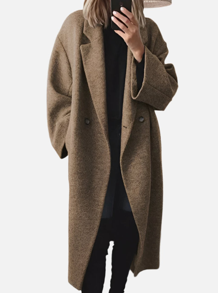 Damen Eleganter Loose-Fit Wollmantel mit Knopfleiste - Braun