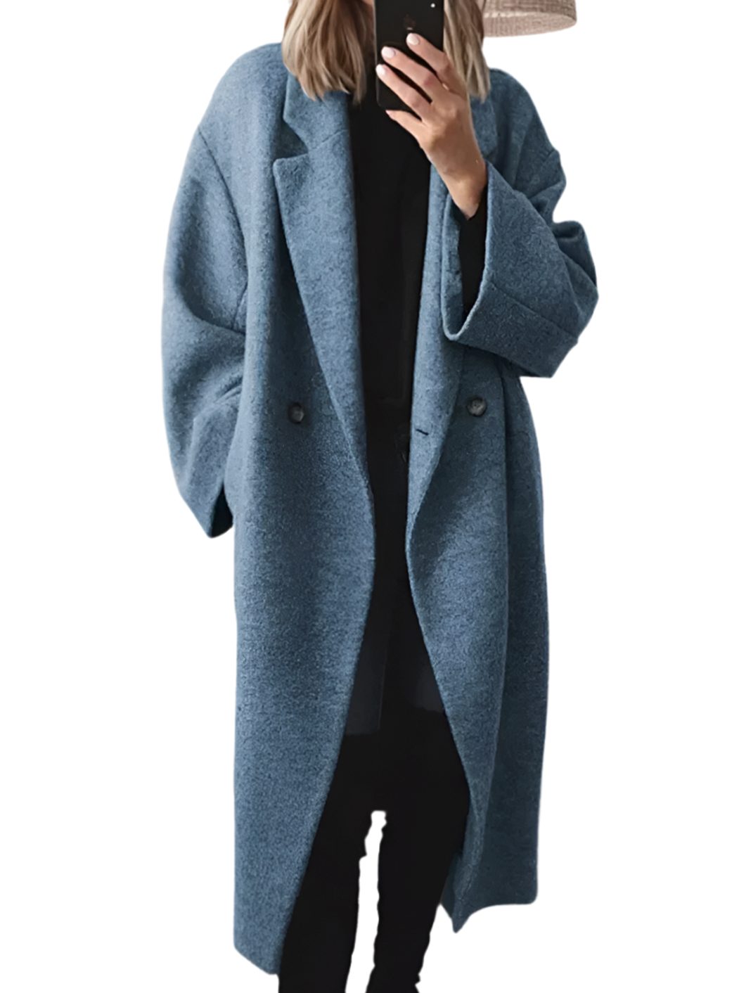 Damen Eleganter Loose-Fit Wollmantel mit Knopfleiste - Blau