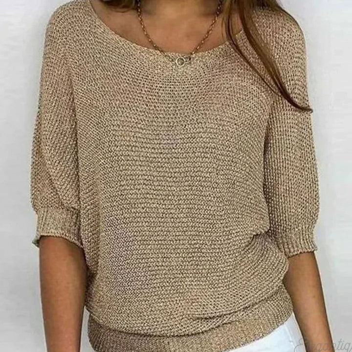 Damen Eleganter Pullover Lockerer Strickpullover Rundhals 3/4-Arm - Beige