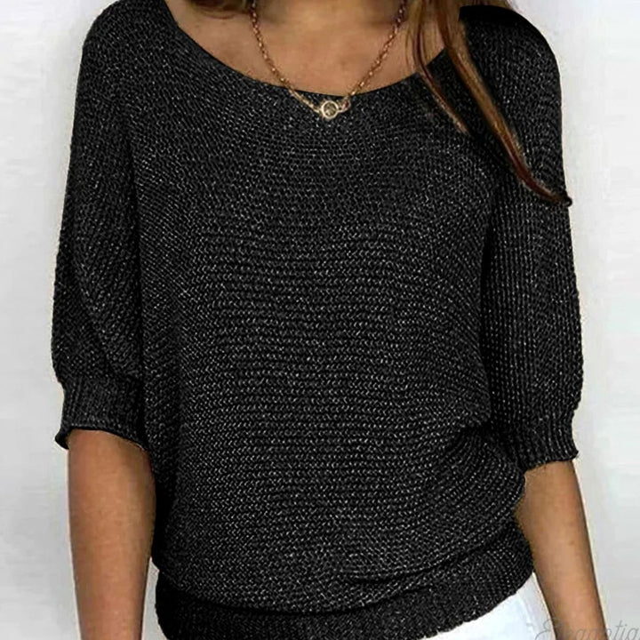 Damen Eleganter Pullover Lockerer Strickpullover Rundhals 3/4-Arm - Schwarz