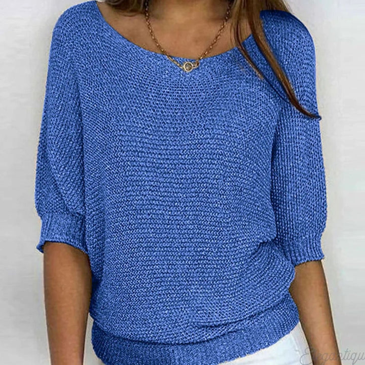 Damen Eleganter Pullover Lockerer Strickpullover Rundhals 3/4-Arm - Blau
