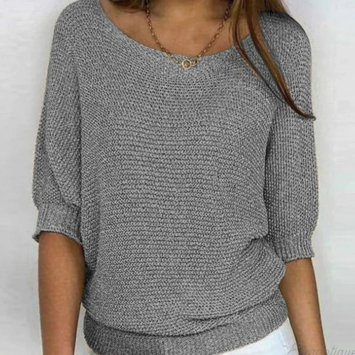 Damen Eleganter Pullover Lockerer Strickpullover Rundhals 3/4-Arm - Grau