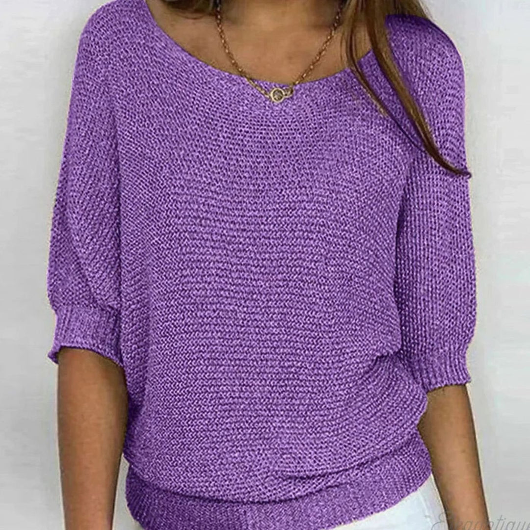 Damen Eleganter Pullover Lockerer Strickpullover Rundhals 3/4-Arm - Lila