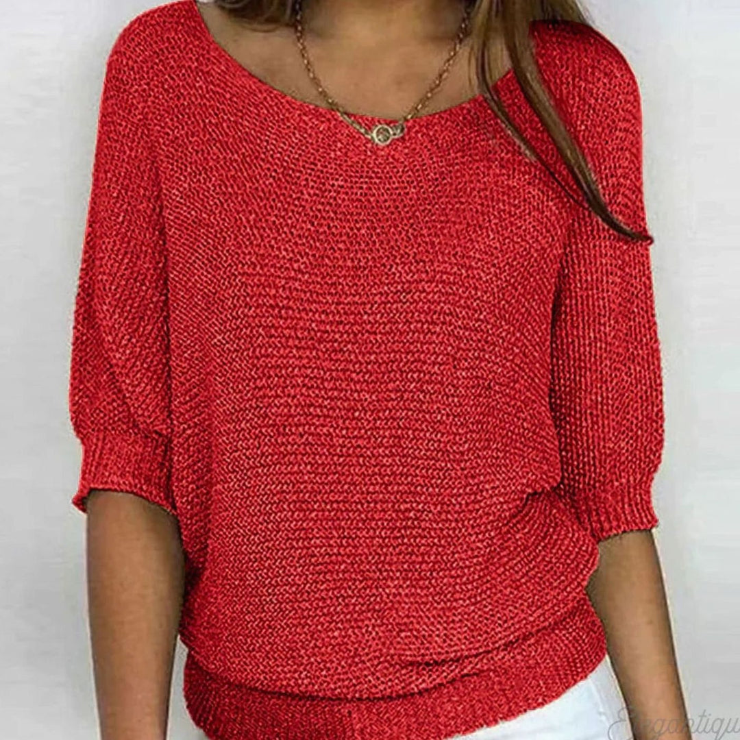 Damen Eleganter Pullover Lockerer Strickpullover Rundhals 3/4-Arm