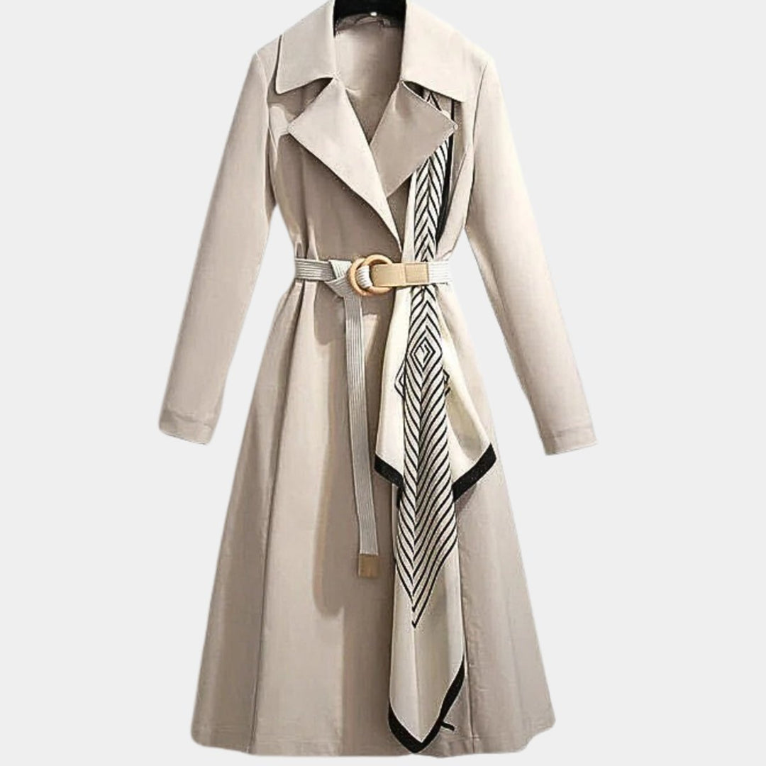 Damen Eleganter Trench Coat mit Ziergürtel Midi-Länge - Beige