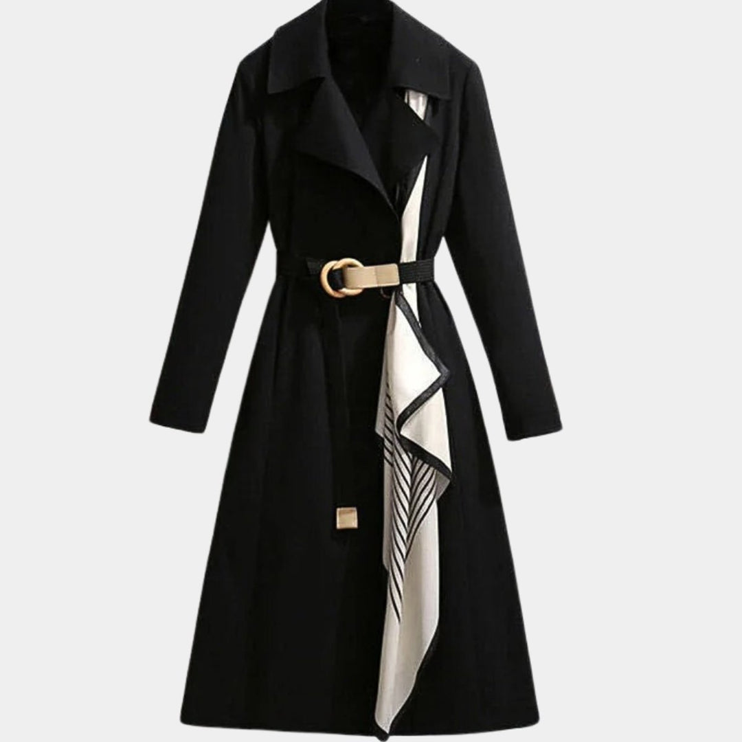 Damen Eleganter Trench Coat mit Ziergürtel Midi-Länge - Schwarz