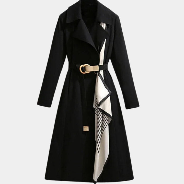 Damen Eleganter Trench Coat mit Ziergürtel Midi-Länge - Schwarz