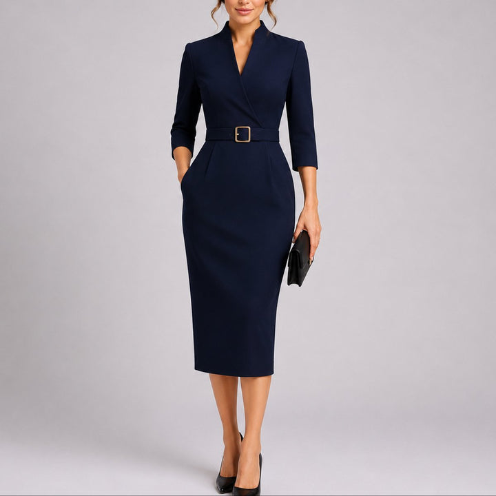 Damen Elegantes Bodycon-Midikleid Herbst-Hochzeitsgast-Kleid mit Gürtel - Marineblau