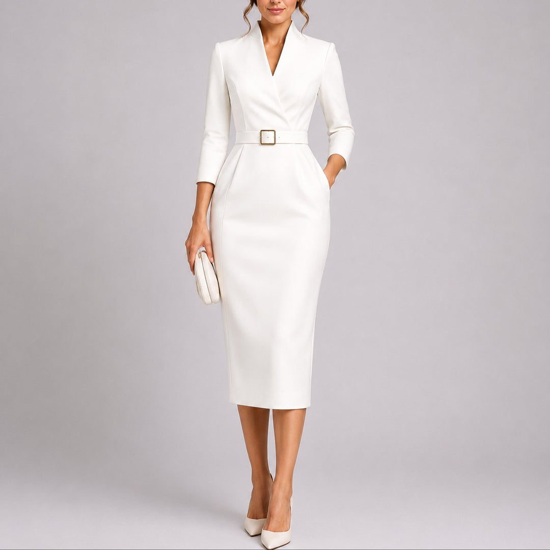 Damen Elegantes Bodycon-Midikleid Herbst-Hochzeitsgast-Kleid mit Gürtel - Weiß